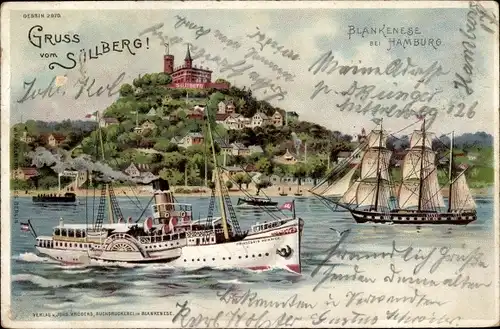 Litho Hamburg Altona Blankenese, Salondampfer, Süllberg, Segelschiff