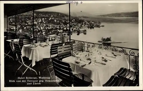Ak Wollerau Kanton Schwyz, Hotel Bellevue, Blick von der Terrasse gegen Richterswil und Zürich