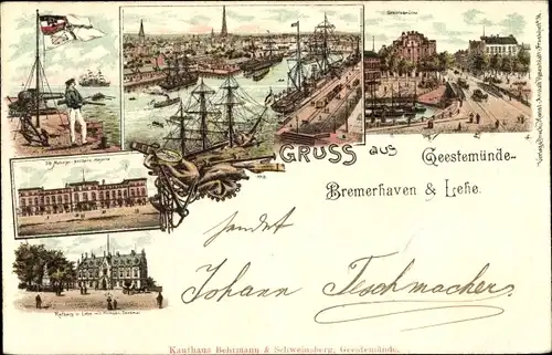 Litho Geestemünde Bremerhaven, Lehe, Seemann, Rathaus, Hafen, Stadtansichten