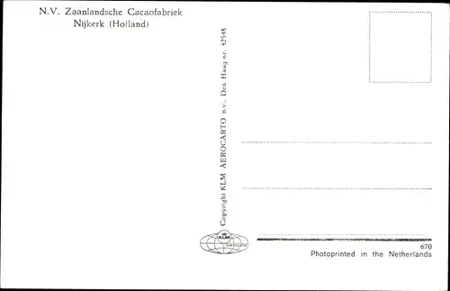 Ak Nijkerk Gelderland, N. V. Zaanlandsche Cacaofabriek, Luftbild