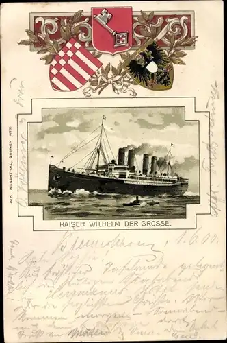 Präge Wappen Passepartout Litho Dampfschiff Kaiser Wilhelm der Große, Norddeutscher Lloyd Bremen