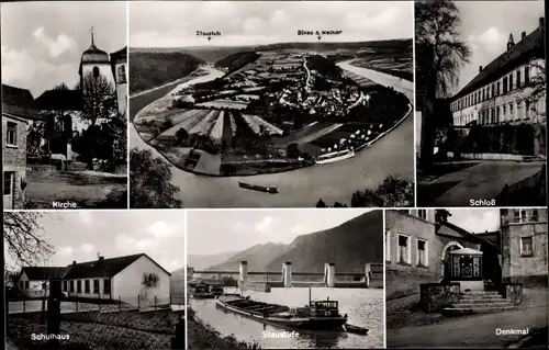 Ak Binau am Neckar, Staustufe, Denkmal, Schloss, Schulhaus, Kirche, Panorama