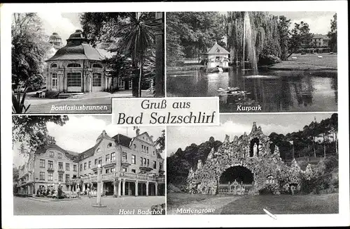 Ak Bad Salzschlirf in Hessen, Mariengrotte, Kurpark, Bonifaziusbrunnen, Hotel Badehof