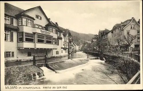 Ak Bad Wildbad im Kreis Calw Baden Württemberg, Partie an der Enz, Wehr, Hotel Sonne