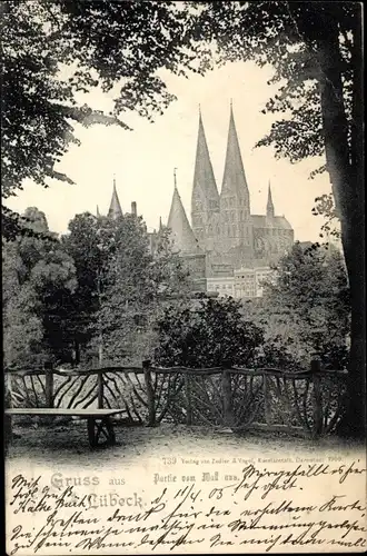 Ak Hansestadt Lübeck, Durchblick zur Stadt