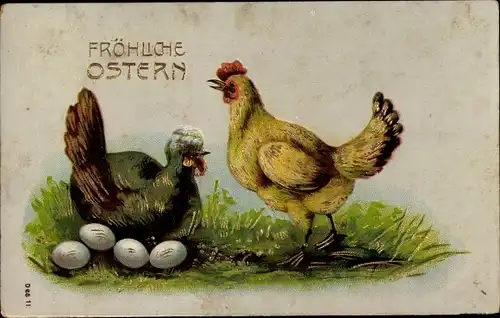 Präge Ak Glückwunsch Ostern, Hühner, Eier