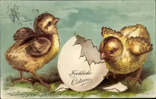 Präge Ak Glückwunsch Ostern, Küken, Eierschale