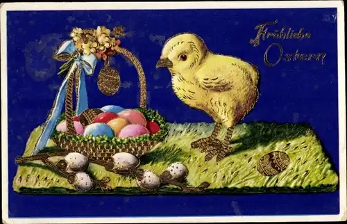Präge Ak Glückwunsch Ostern, Küken, Ostereier, Weidenkätzchen