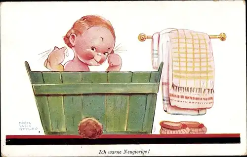 Künstler Ak Attwell, Mabel Lucy, Ich warne Neugierige, Kind im Waschzuber