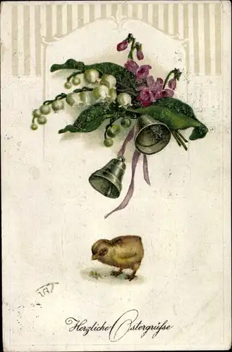 Präge Litho Frohe Ostern, Küken, Glocken, Maiglöckchen