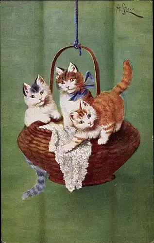 Künstler Ak Drei Katzen auf einem Korb