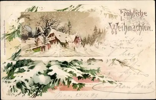 Ak Frohe Weihnachten, verschneites Haus, Tannenbaum