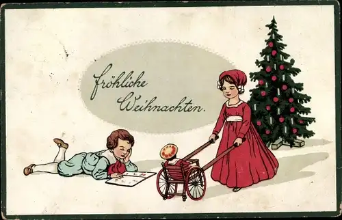 Ak Frohe Weihnachten, Tannenbaum, Mädchen mit Puppenwagen