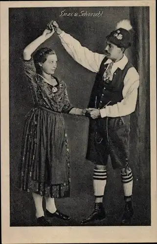 Ak Luzi und Schorschl, Tänzerpaar in bayrischer Tracht, Dirndl, Lederhose