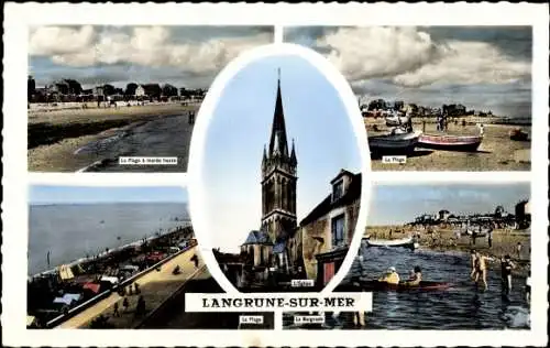 Ak Langrune sur Mer Calvados, La Plage, L'Eglise, Ruderboote