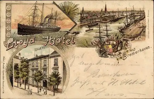 Litho Bremerhaven, Lloyd Hotel, Hafenpartie, Dampfer