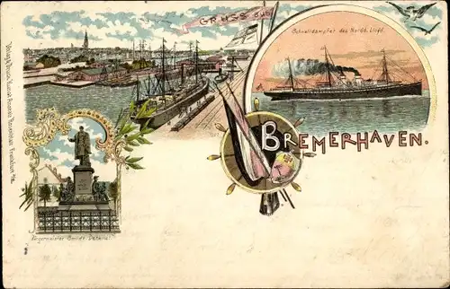 Litho Bremerhaven, Schnelldampfer, Norddeutscher Lloyd, Bürgermeister Smidt Denkmal, Hafen