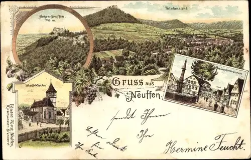 Litho Neuffen in Württemberg, Burg Hohenneuffen, Lindenbrunnen, Stadtkirche, Totalansicht