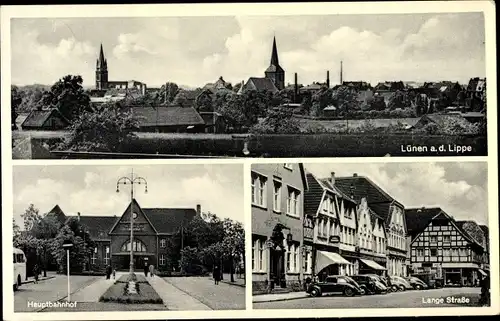 Ak Lünen in Westfalen, lange Straße, Hauptbahnhof Front, Gesamtansicht