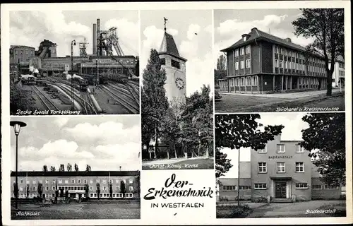 Ak Oer Erkenschwick im Ruhrgebiet, Bücherei, Badeanstalt, Christ König Kirche, Zeche Ewald Forts.