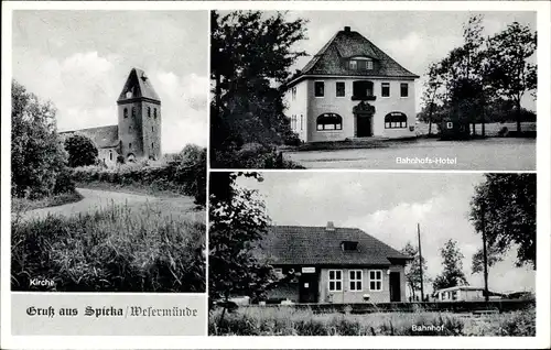Ak Spieka Nordholz Wurster Nordseeküste, Kirche, Bahnhof Gleisseite, Bahnhofs Hotel