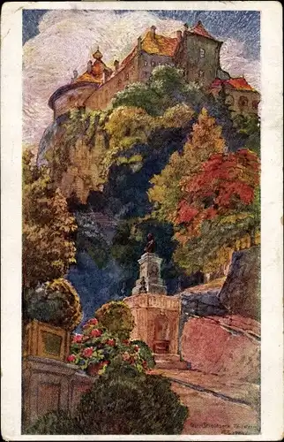 Künstler Ak Kufstein in Tirol, Ortspartie, Denkmal, Schloss