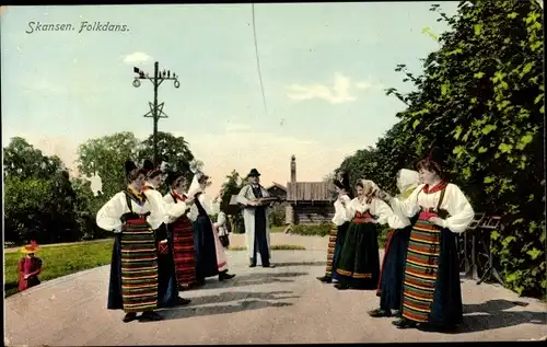 Ak Skansen Stockholm Schweden, Folkdans, Tänzer in schwedischen Trachten