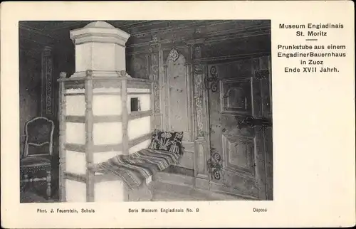 Ak Sankt Moritz Kanton Graubünden, Prunkstube aus einem Engadiner Bauernhaus in Zuoz, Museum