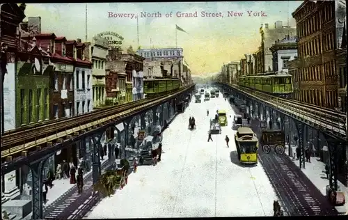 Ak New York City USA, Bowery, North of Grand Street, Straßenbahn