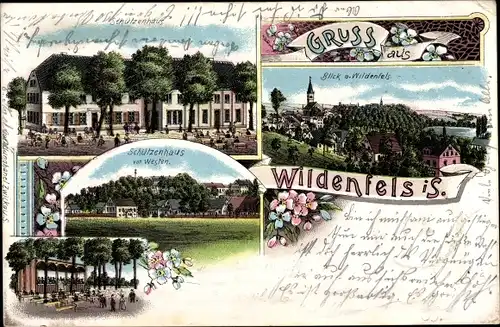 Litho Wildenfels im Erzgebirge, Schsützenhaus, Blick auf den Ort