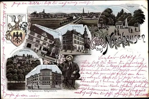 Litho Nordhausen am Harz, Gehege, Rathaus, Gymnasium, Wilhelmshöhe, Riesenhaus, Gehege