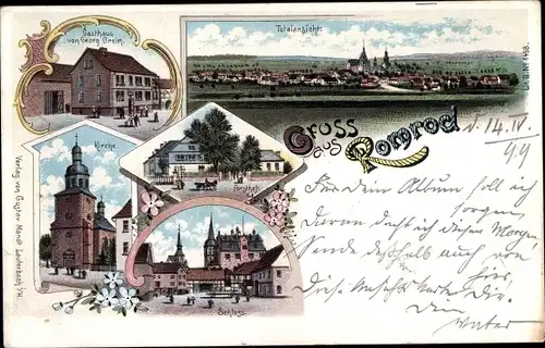 Litho Romrod in Hessen, Totalansicht der Ortschaft, Gasthaus, Schloss, Kirche, Forsthof