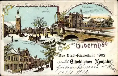 Winter Litho Olbernhau im Erzgebirge, Glückwunsch Neujahr, Marktbrücke, Marktplatz,Freiberger Straße