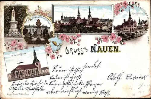 Litho Nauen im Havelland, St. Jacobi Kirche, Königsplatz, Denkmal Friedrich Wilhelm, Kriegerdenkmal