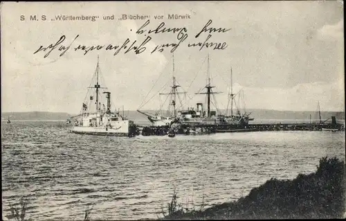 Ak Deutsches Kriegsschiff, SMS Württemberg und Blücher vor Mürwik, Kaiserliche Marine