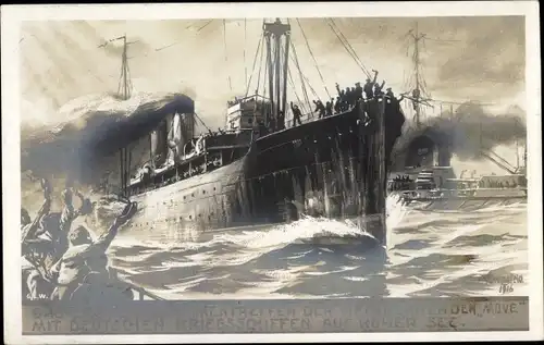 Künstler Ak Blossfeld, Deutsche Kriegsschiffe, erstes Zusammentreffen, Heimkehr der SMS Möwe