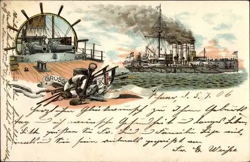 Litho Deutsches Kriegsschiff, Panzerschiff SMS Sachsen Klasse, Kaiserliche Marine