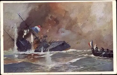 Künstler Ak Heusser, Harry, Französisches Kriegsschiff, Dardanellenfort, Panzerkreuzer Bouvet