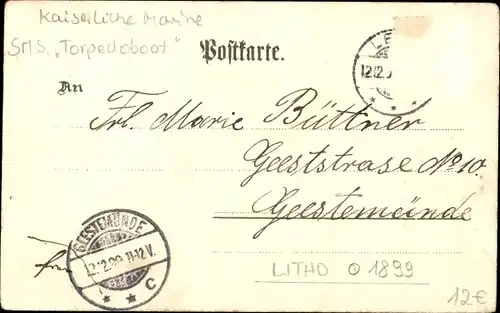 Litho Deutsches Kriegsschiff, SMS Torpedoboot, Kaiserliche Marine