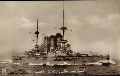 Ak Deutsches Kriegsschiff SMS Deutschland, Linienschiff, Meilenfahrt, Kaiserliche Marine