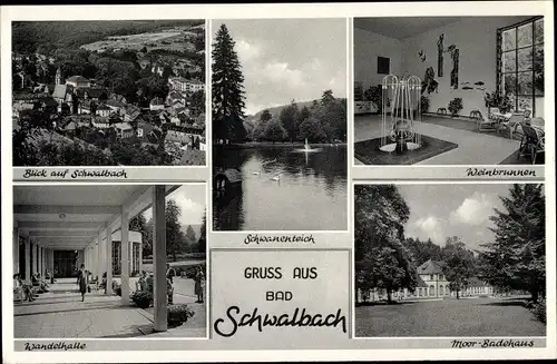 Ak Bad Schwalbach im Taunus, Ort, Badehaus, Wandelhalle, Weinbrunnen, Schwanenteich