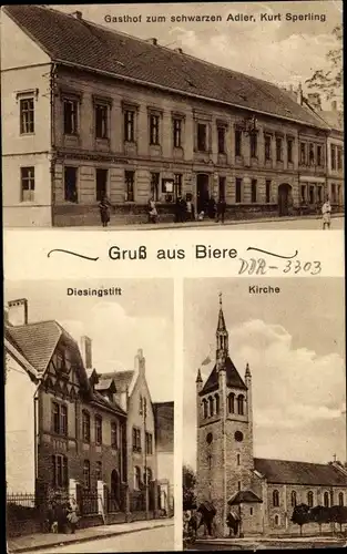 Ak Biere Bördeland im nördlichen Salzlandkreis, Gasthof zum schwarzen Adler, Kirche, Diesingstift