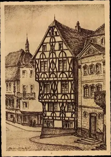 Künstler Ak Meier-Sökefeld, Aschaffenburg in Unterfranken, altes Fachwerkhaus
