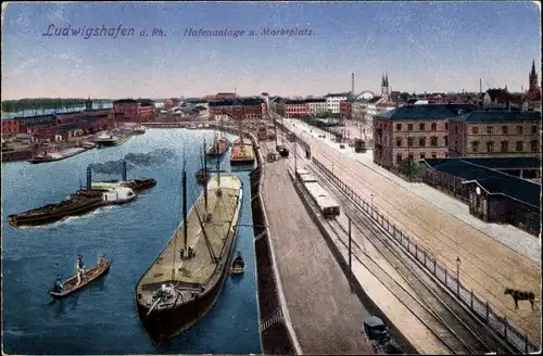 Ak Ludwigshafen am Rhein Rheinland Pfalz, Hafenanlage und Marktplatz