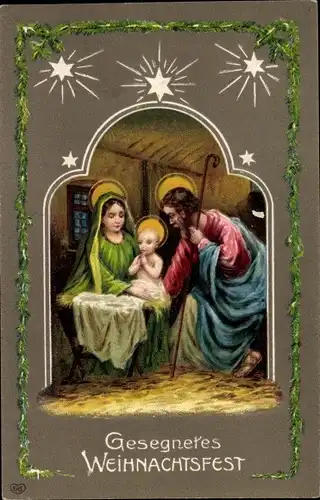 Präge Litho Glückwunsch Weihnachten, Krippenszene, Heilige Familie mit Christuskind