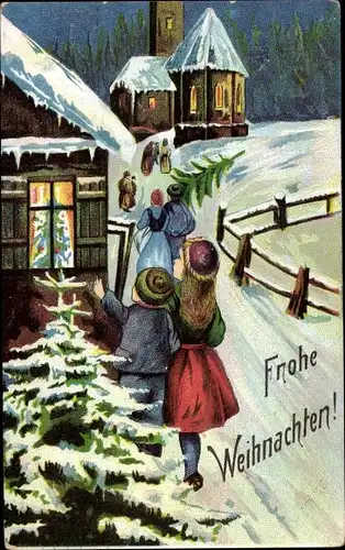 Präge Ak Frohe Weihnachten, Menschen auf dem Weg zur Kirche, winterliches Dorf