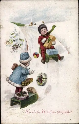 Ak Frohe Weihnachten, Kinder auf Schlitten, Geschenke