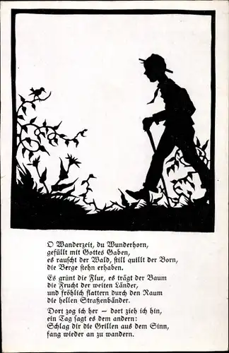 Scherenschnitt Künstler Ak Schulze Herzog, Gedicht, Oh Wanderzeit, du Wunderhorn