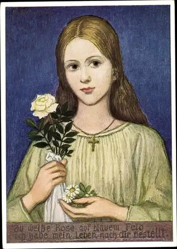 Künstler Ak Schiestl, Matthäus, Hildegard, Frau mit weißer Rose