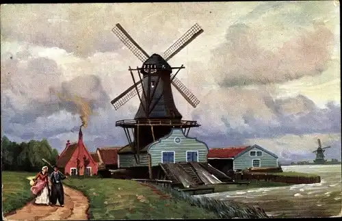 Künstler Ak Windmühlen, Paar in Volkstrachten